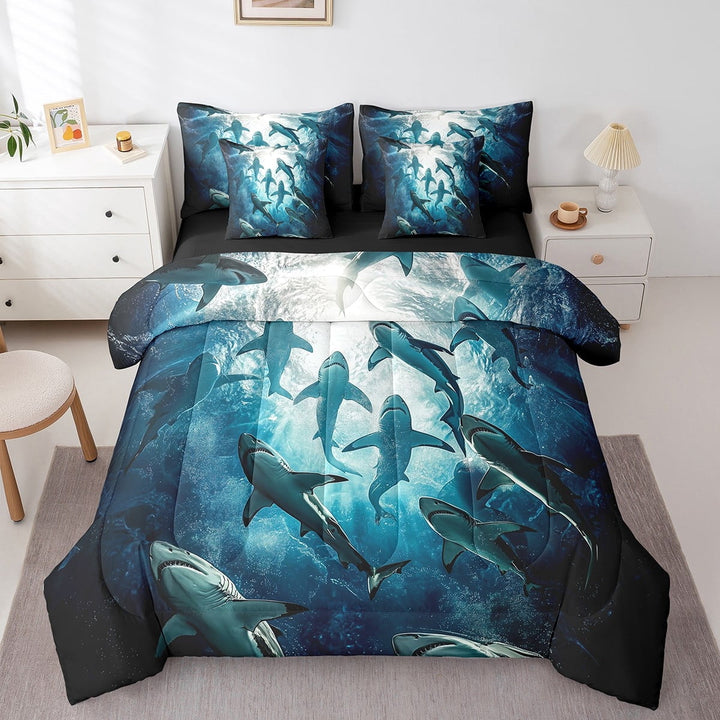 Erosebridal Sharks Comforter Set Queen 7 Pcs Ocean Animal Sea Creatures Theme Bedding Set Marine life Sealife Underwater World Bed in a Bag with Comforter,Sheets