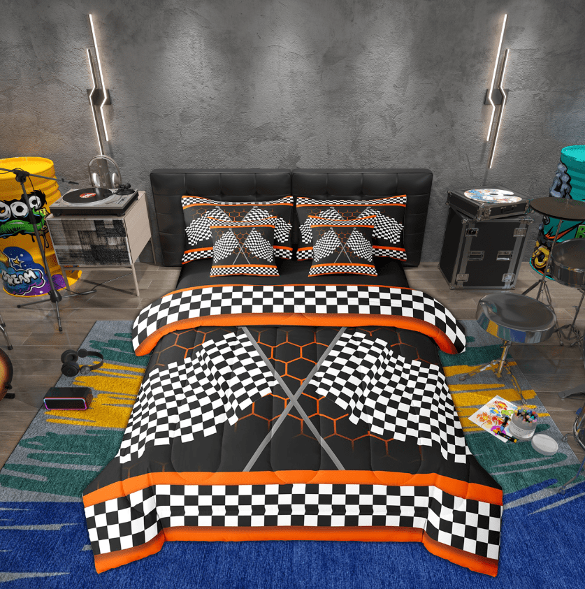 Erosebridal Race Car Flag Bed In A Bag Twin Size,Orange Honeycomb Bed Set,Outdoor Sports Car For Teenagers Bedding Twin Size, Super Cozy Bedroom Decoration,7 Pieces Reversible