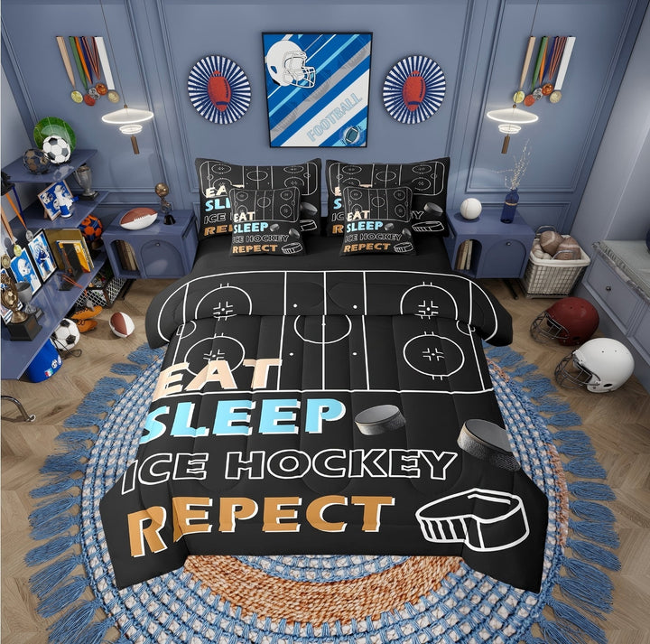 Erosebridal Vintage Ice Hockey Bedding Sets Twin with Comforter, Hockey Player Duvet Insert, Sports Lover Decor, Reversible 7pcs