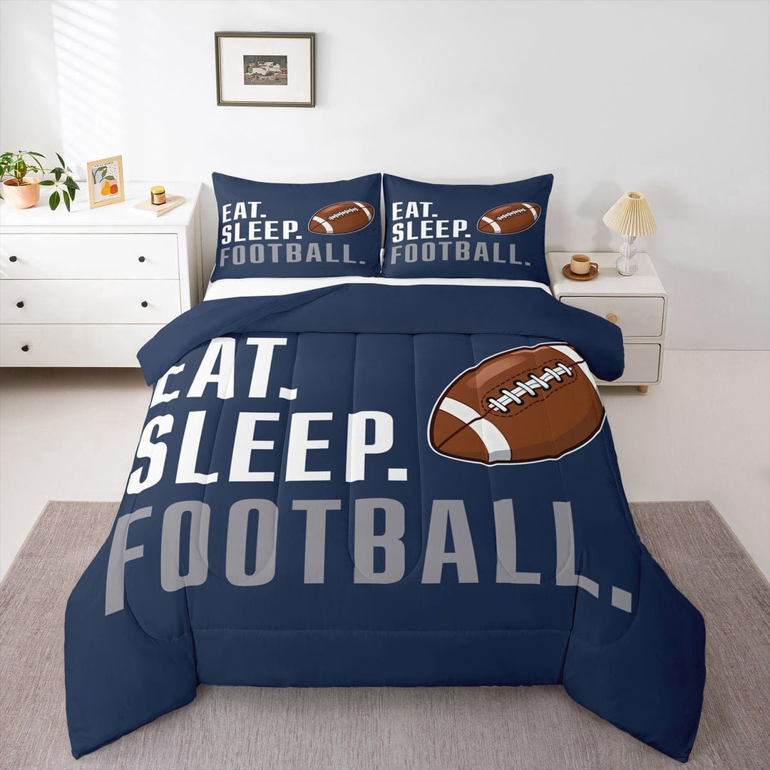 Erosebridal Rugby Comforter American Football Sports Bedding Set Women Men Blue Eat Sleep Football Comforter Set Ball Games Room Decor Full Size Quilt Set 3Pcs