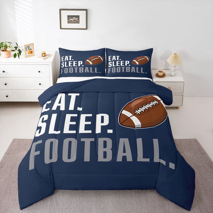 Erosebridal Rugby Comforter American Football Sports Bedding Set Women Men Blue Eat Sleep Football Comforter Set Ball Games Room Decor Full Size Quilt Set 3Pcs