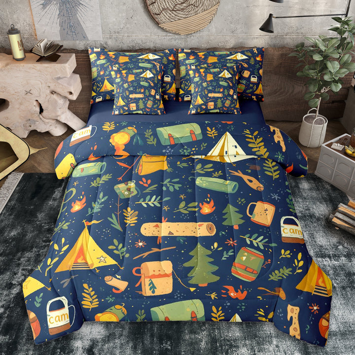Erosebridal Camping Accessories Twin Bedding Sets 7-Piece for Kids Boys Girls,Camping Theme Bedding Comforter Set for Teens,Navy Blue Reversible,Luxury Bedroom Decor