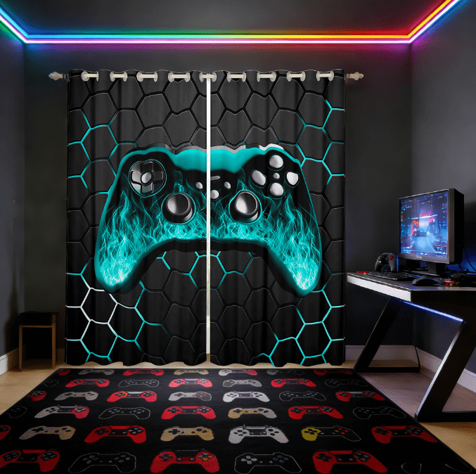 Manfei Game Console Curtains for Living Room,Gamer Gaming Blackout Curtains Set of 2 (38x45),Cyan Geometric Geometric Curtains and Drapes (38x45),Breathable Bedroom Decorative