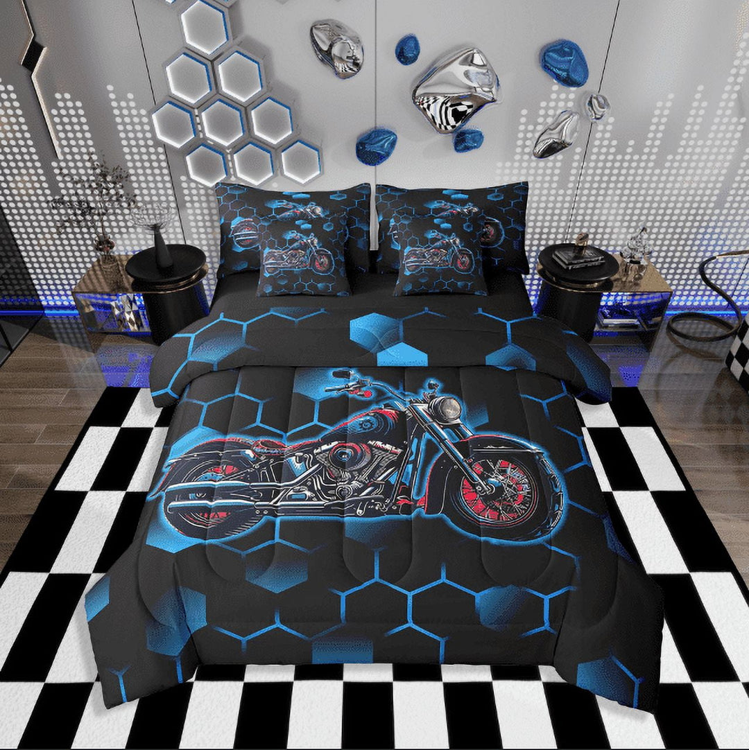 Erosebridal Motorcycle Motocross Bedding Sets Twin Size,Dirt Bike Comforter Sets with Sheets for Teens Men,Sport Decorative,Blue,Reversible,Breathable,7-Piece