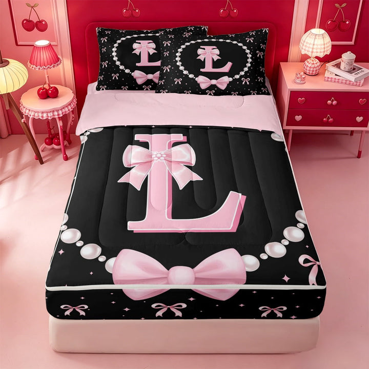 meiyoeat Kawaii Bowknot Zipper Full Size Comforter Sets with Fitted Sheet and 2 Pillowcases For Girls,Modern Personalized Initial L Zipper Bedding Set For Kids,Pink Reversible,4-Piece