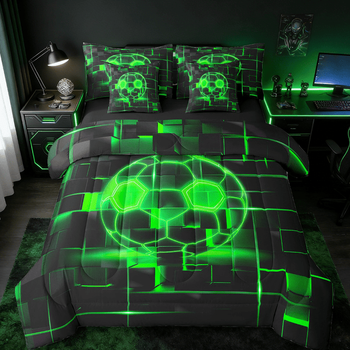 Erosebridal Girls Football Bedding Twin Size,Sports Game Comforter Sets with Sheets,Green Geometric Glowing Plaid Bedding Sets Twin Size,Microfiber Bedroom Decor Reversible,7pcs