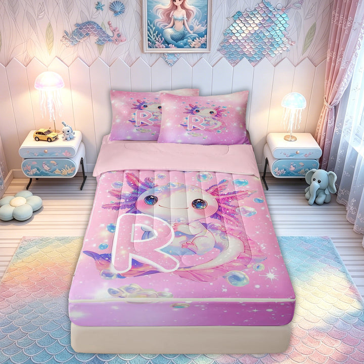 meiyoeat Kawaii Axolotl Letter R Zipper Comforter Set with Fitted Sheet and 2 Pillowcases for Boys Girls, Galaxy Animal Zipper Bedding Set, Pink Purple, Pink Reversible, 3pcs
