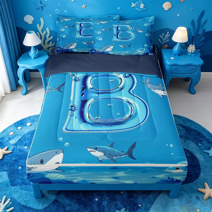 meiyoeat Ocean Wave Initial B Zipper Twin Comforter Sets with Fitted Sheet and 2 Pillowcases For Boys,Kawaii Shark Water Monogram Art Zipper Bedding Set,Navy Blue Reversible,4 Pieces