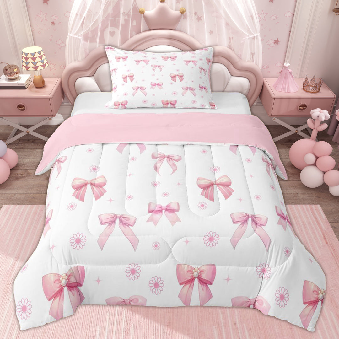 Erosebridal Pink Pearl Bow Twin Comforter Sets, Daisy Flower Bedding Set for Girls, 2-Piece