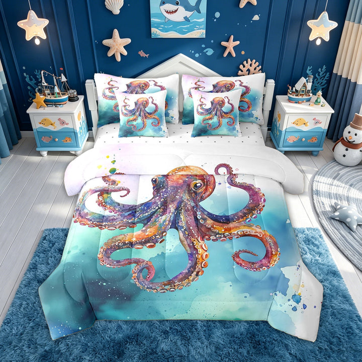 meiyoeat Watercolor Sea Octopus Full Size Bedding Sets for Kids Boys Girls, Undersea Marine Animal Full Size Bed in a Bag, Blue Purple, Reversible, 7 Pieces