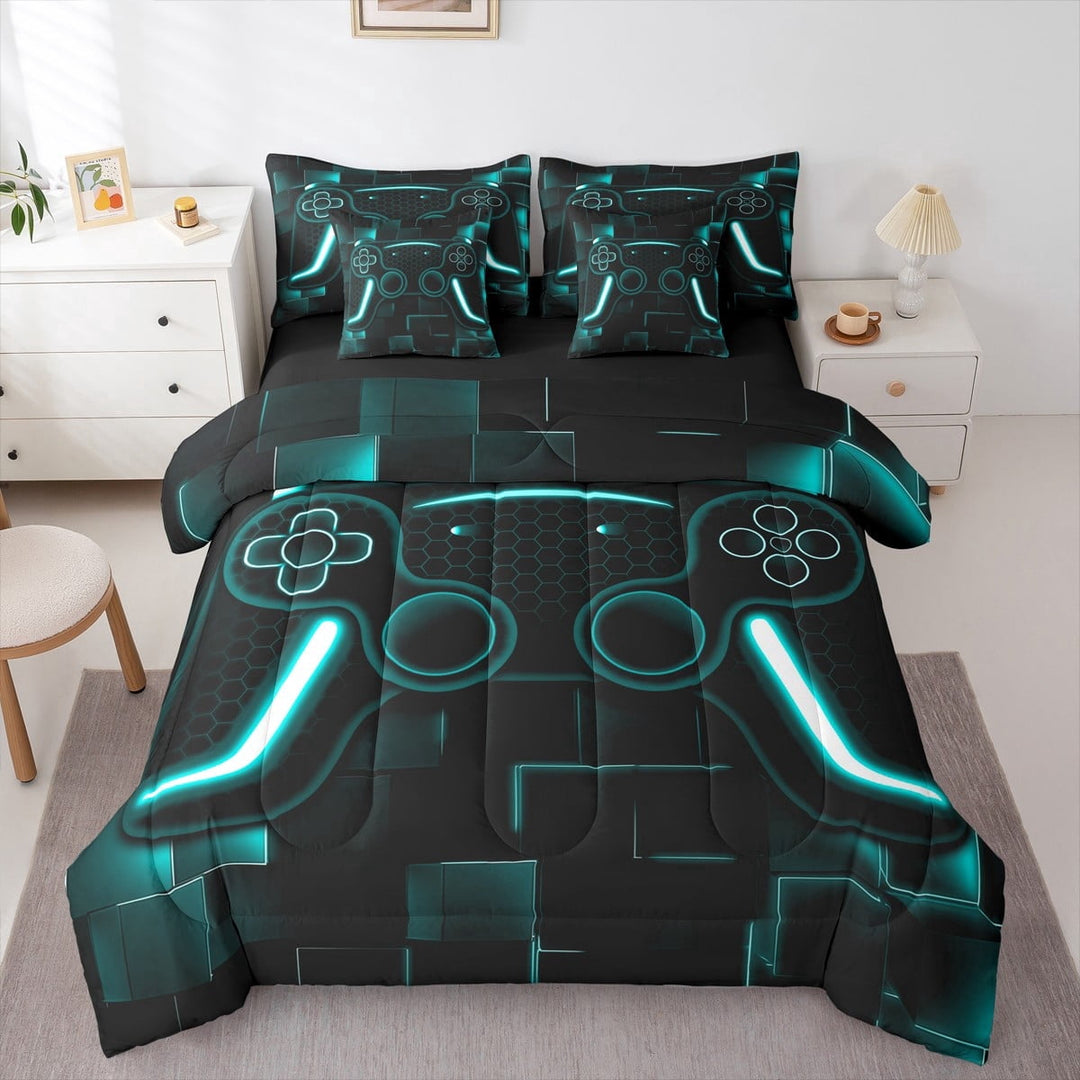 Twin Bedding Set Gamer Comforter Set 7 Piece Gaming Bed In A Bag Teal Black Teens Gamer Room Decor Game Geometric Sheet Set With Comforter Gamer Gifts