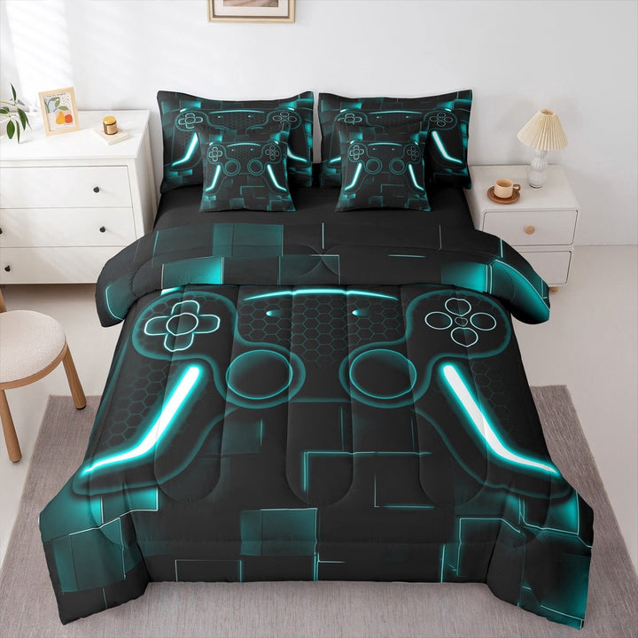 Twin Bedding Set Gamer Comforter Set 7 Piece Gaming Bed In A Bag Teal Black Teens Gamer Room Decor Game Geometric Sheet Set With Comforter Gamer Gifts