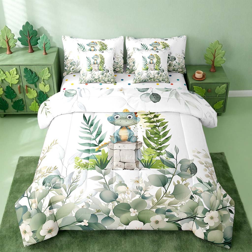 Cartoon Dinosaur Bed in a Bag 7-Piece Woodland Wildlife Bedding Set, Jungle Animal Theme Twin Comforter Set Eucalyptus Leaf Bedding Comforter Sets, Spring Plant Bed Set Room Decor
