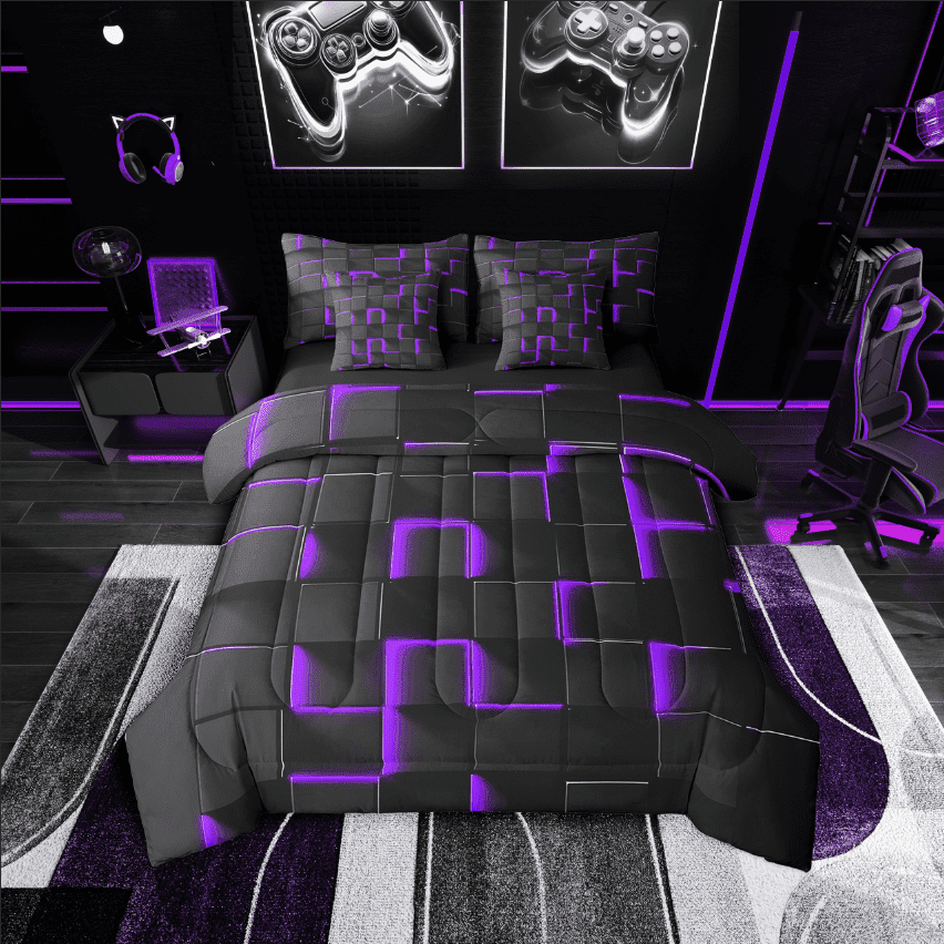 Erosebridal Neon Geometry Bedding Sets Twin Size,Stereoscopic Gradient Plaid Comforter Sets with Sheets,Room Decorative,Reversible,7pcs