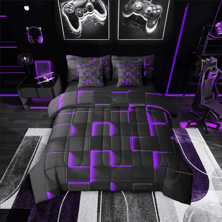 Erosebridal Neon Geometry Bedding Sets Twin Size,Stereoscopic Gradient Plaid Comforter Sets with Sheets,Room Decorative,Reversible,7pcs