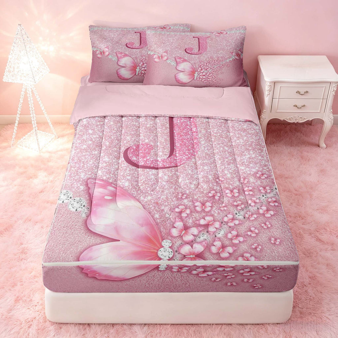 meiyoeat Pink Glitter Butterfly Monogrammed J Zipper Full Size Comforter Sets with Fitted Sheet and 2 Pillowcases for Girls, Sparkle Floral Initial Letter Zipper Bedding Set, Pink Reversible
