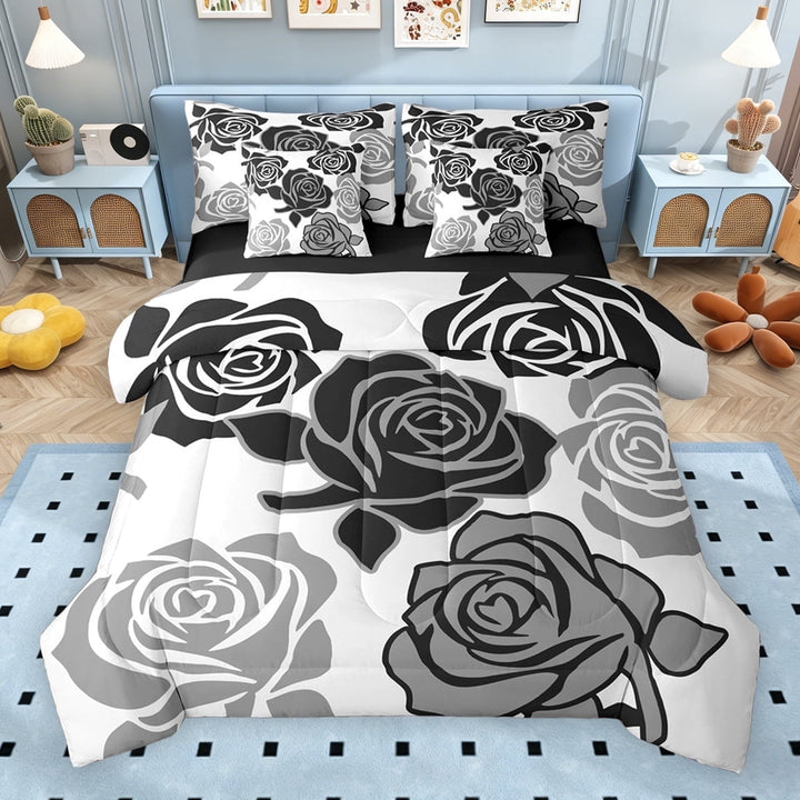 Erosebridal Black Gray White Twin Bedding Sets, Romantic Rose Flower Bedding Comforter Set for Girls, Black Reversible, 7-Piece