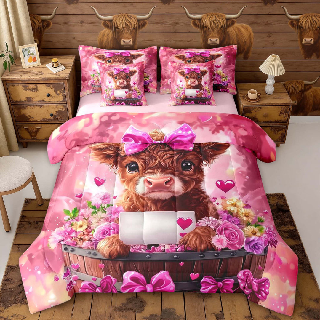 Erosebridal Kawaii Highland Cow Twin Bedding Sets for Girls, Pink Flower Bowknot Bedding Comforter Set