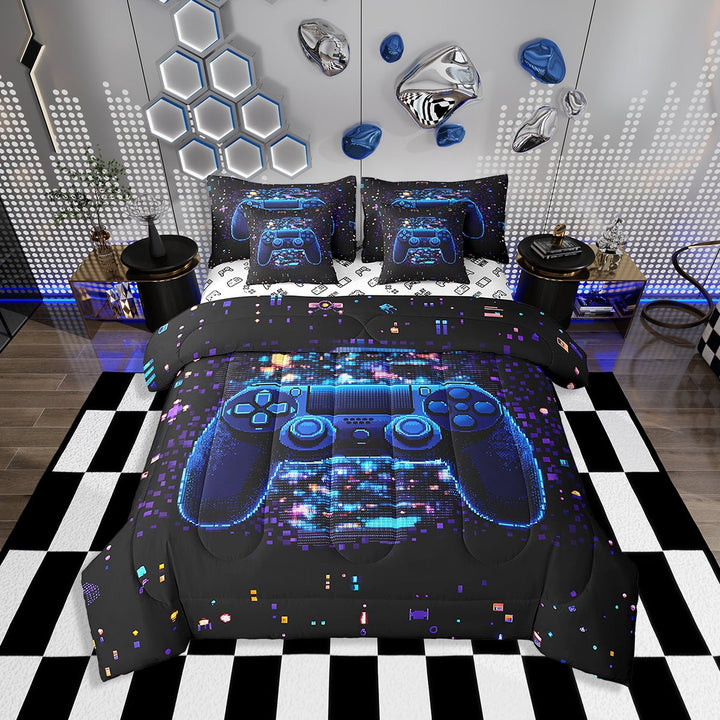 Erosebridal Gamer Comforter Set with Sheets Twin Size Gaming Bed in a Bag Set Teens Modern Game Console Controller 7 Pieces Bedding Set Joystick Room Decor Black Blue