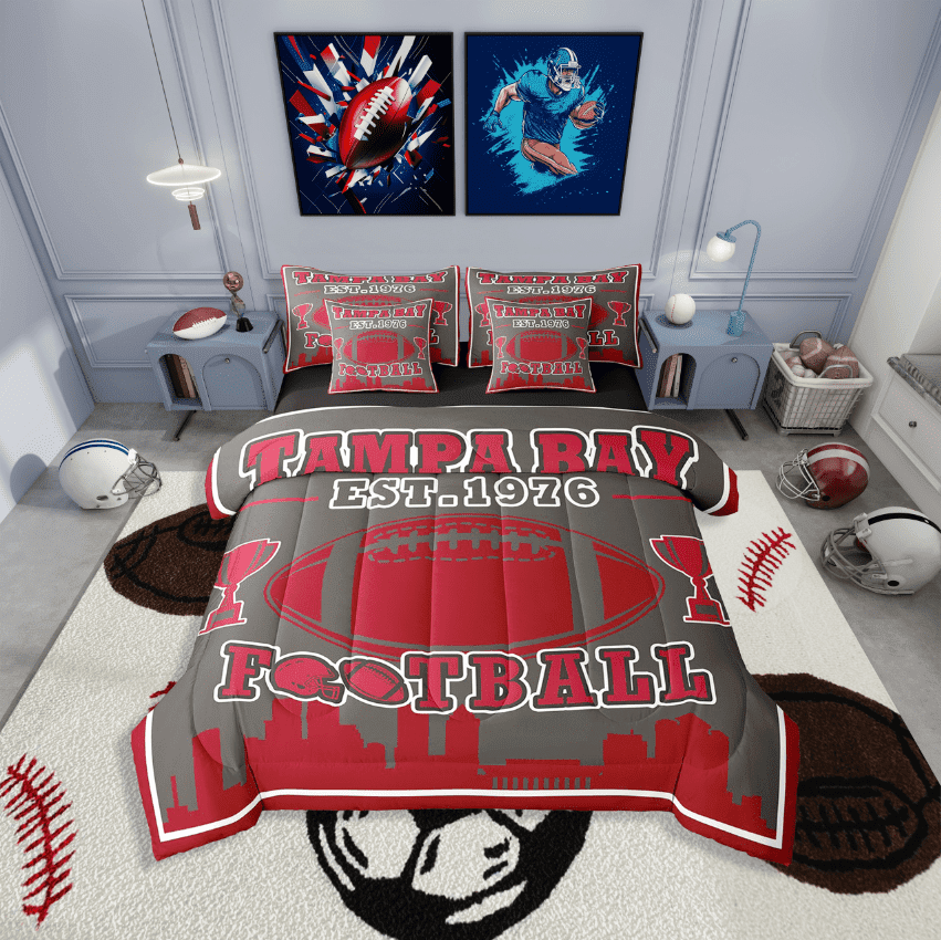 Erosebridal Football Print Bedding Sets Twin Size,Red Grey Comforter Sets with Sheets,Teenager Bedroom Decor(Tampa Bay),Reversible,Lightweight,7-Piece