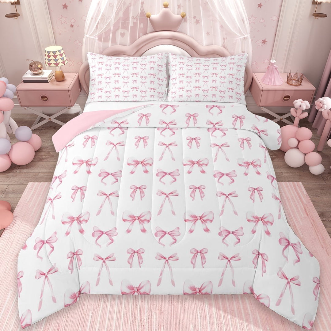Erosebridal Ribbon Bow Knot Full Size Comforter Sets,Light Pink Cute Bowtie Bedding Sets For Bowknot Lovers, Reversible 3pcs