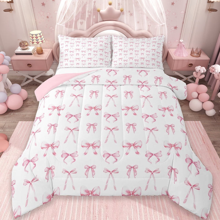 Erosebridal Ribbon Bow Knot Full Size Comforter Sets,Light Pink Cute Bowtie Bedding Sets For Bowknot Lovers, Reversible 3pcs