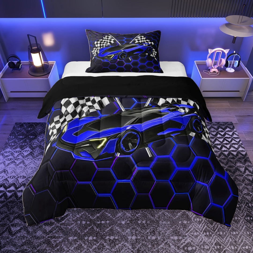 Erosebridal Speed Sports Car Twin Comforter Sets for Kids Boys, Neon Blue Honeycomb Bedding Set, Black Reversible, 1 Comforter and 1 Pillowcase