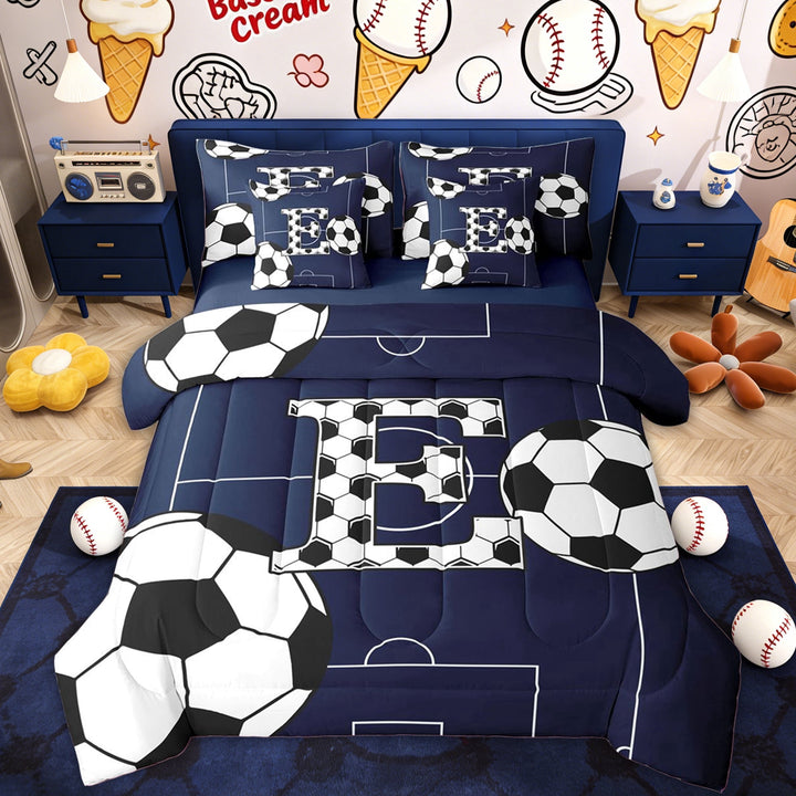 Erosebridal Kid Soccer Initial E Twin Bedding Sets, Cartoon Football Bedding Comforter Set, Blue Reversible, 7pcs