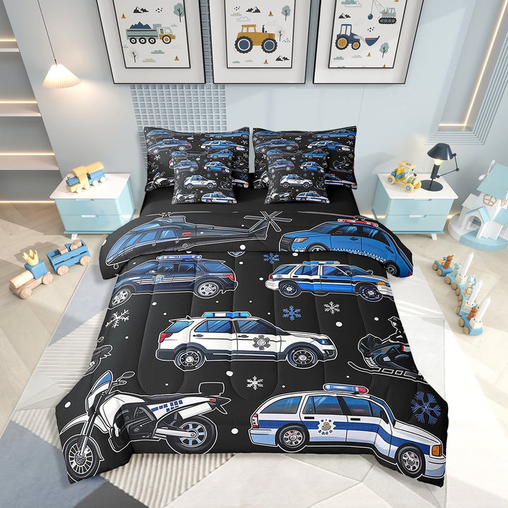 Erosebridal Police Car Bed in a Bag Twin Size Teens Policeman Vehicle Bedding Sets 7 Piece, Blue Red Cop Lights Decor Comforter Set with Sheets Snowflake Christmas Bed Set Happy New Year Sheets