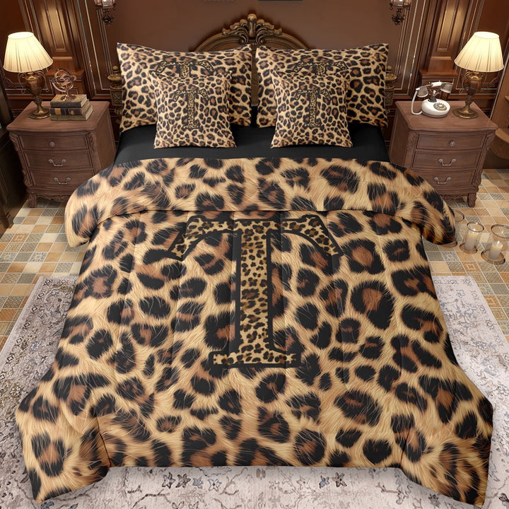Erosebridal Fashion Letter T Monogrammed 7-Piece Twin Bedding Sets For Cheetah Pattern Lover,Brown Leopard Print Bedding Comforter Set For Adults Women,Reversible Black