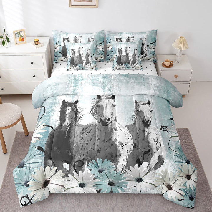 Horse Comforter Farm Animals Bedding Sets Teal Graffiti Ombre Art Bed In a Bag Queen,Rustic Daisy Flowers Western Decor (1 Comforter,1 Flat Sheet,1 Fitted Sheet,2 Pillowcases,2 Throw Pillow Covers)
