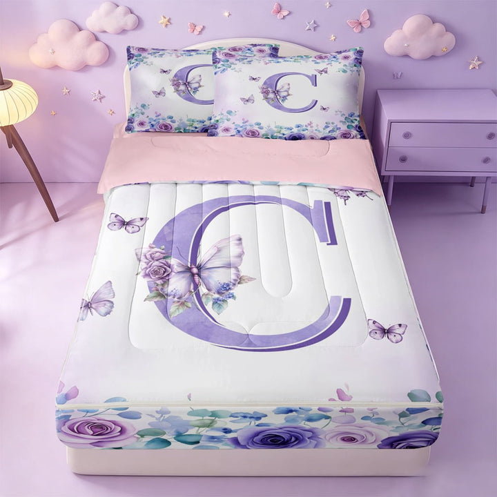 meiyoeat Purple Floral Monogrammed C Zipper Twin Comforter Sets with Fitted Sheet and 2 Pillowcases For Girls,Cute Animal Butterfly Zipper Bedding Set,Pink Reversible,4pcs