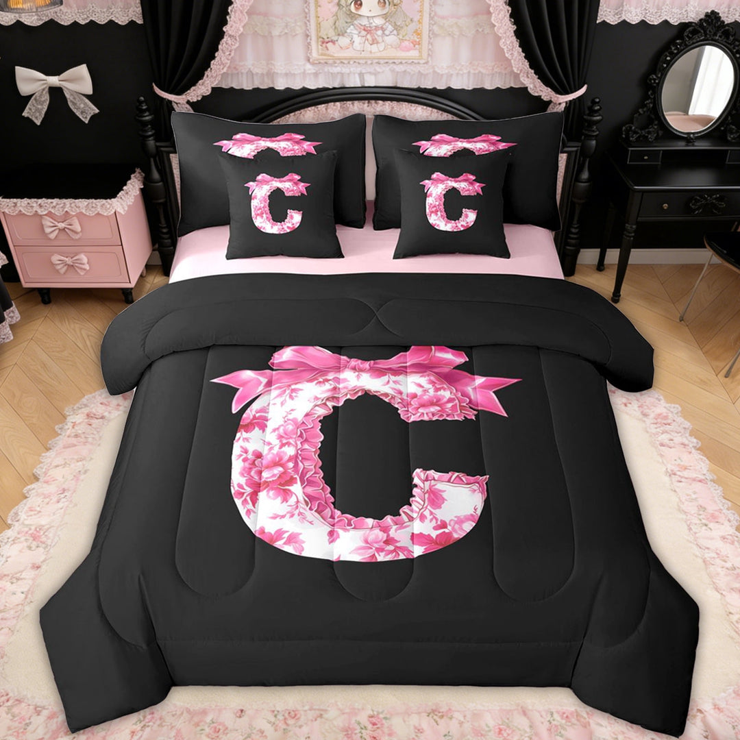 Erosebridal Floral Bow Letter C Twin Bedding Sets for Girls, Pink Initial Ribbon Bedding Comforter Set, Reversible, 7 Pieces
