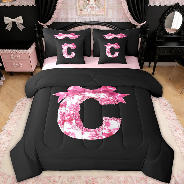 Erosebridal Floral Bow Letter C Twin Bedding Sets for Girls, Pink Initial Ribbon Bedding Comforter Set, Reversible, 7 Pieces