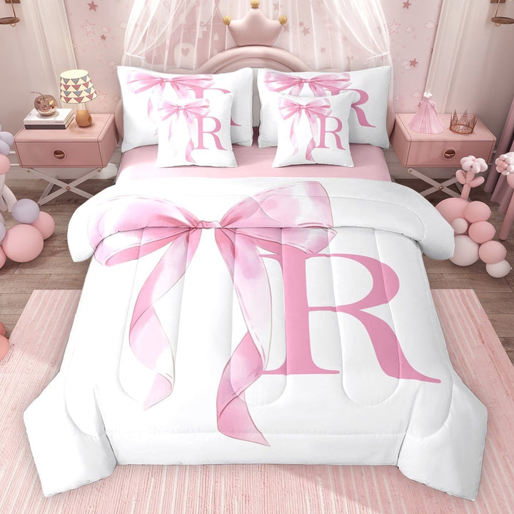 Erosebridal Girls Pink Bow Twin Bedding Sets, R Letter Bedding Comforter Set, Princess Style Bedroom Decor, Pink Reversible 7-Piece