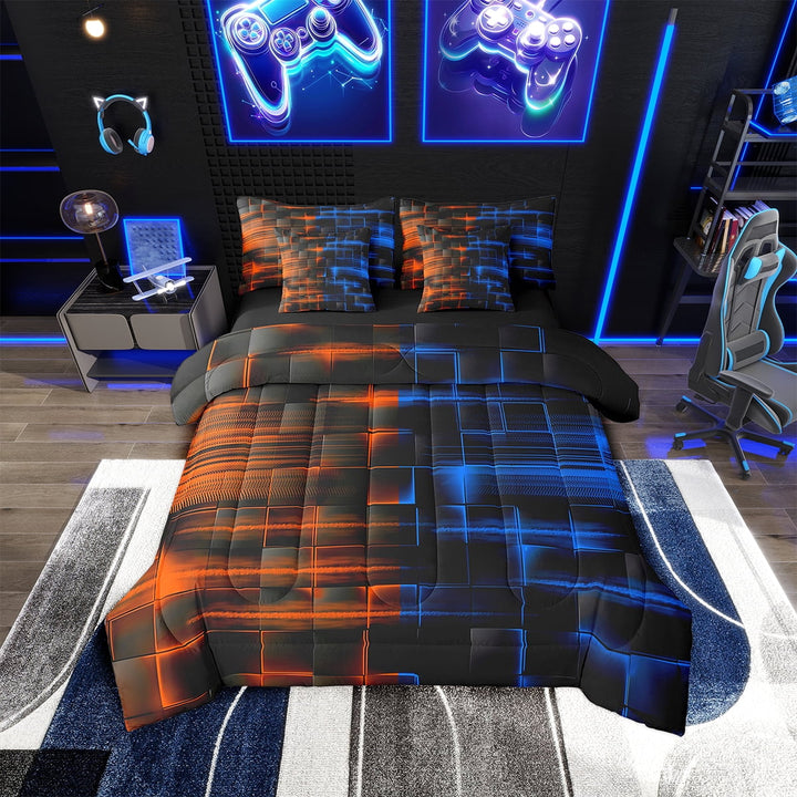 Erosebridal Blue and Orange Comforter Set With Sheets7 piece Twin Size Geometric Bed in a Bag Geometry Strip Lines Bedding Set Abstract Art Bed Set with Comforter,Sheets,Pillowcases