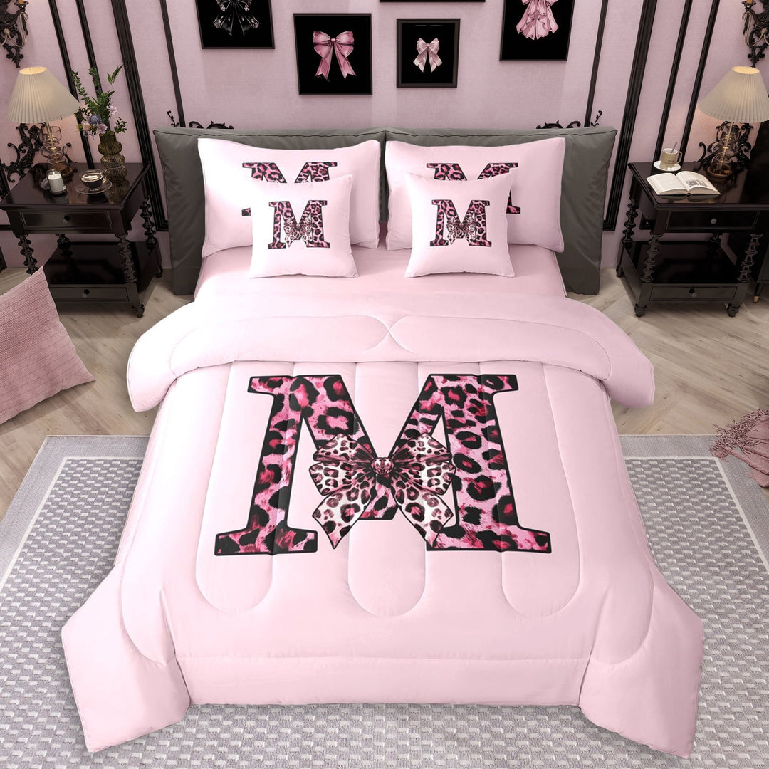 Erosebridal Kawaii Cheetah Print Bow Girl Twin Bedding Sets 7-Piece,Girls Teens Leopard Print Letter Monogrammed M Bedding Comforter Set,Pink Reversible