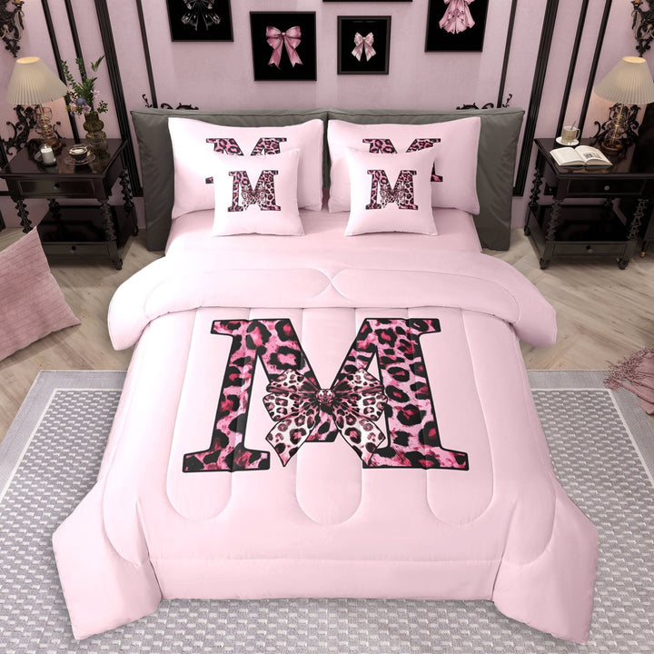 Erosebridal Kawaii Cheetah Print Bow Girl Twin Bedding Sets 7-Piece,Girls Teens Leopard Print Letter Monogrammed M Bedding Comforter Set,Pink Reversible