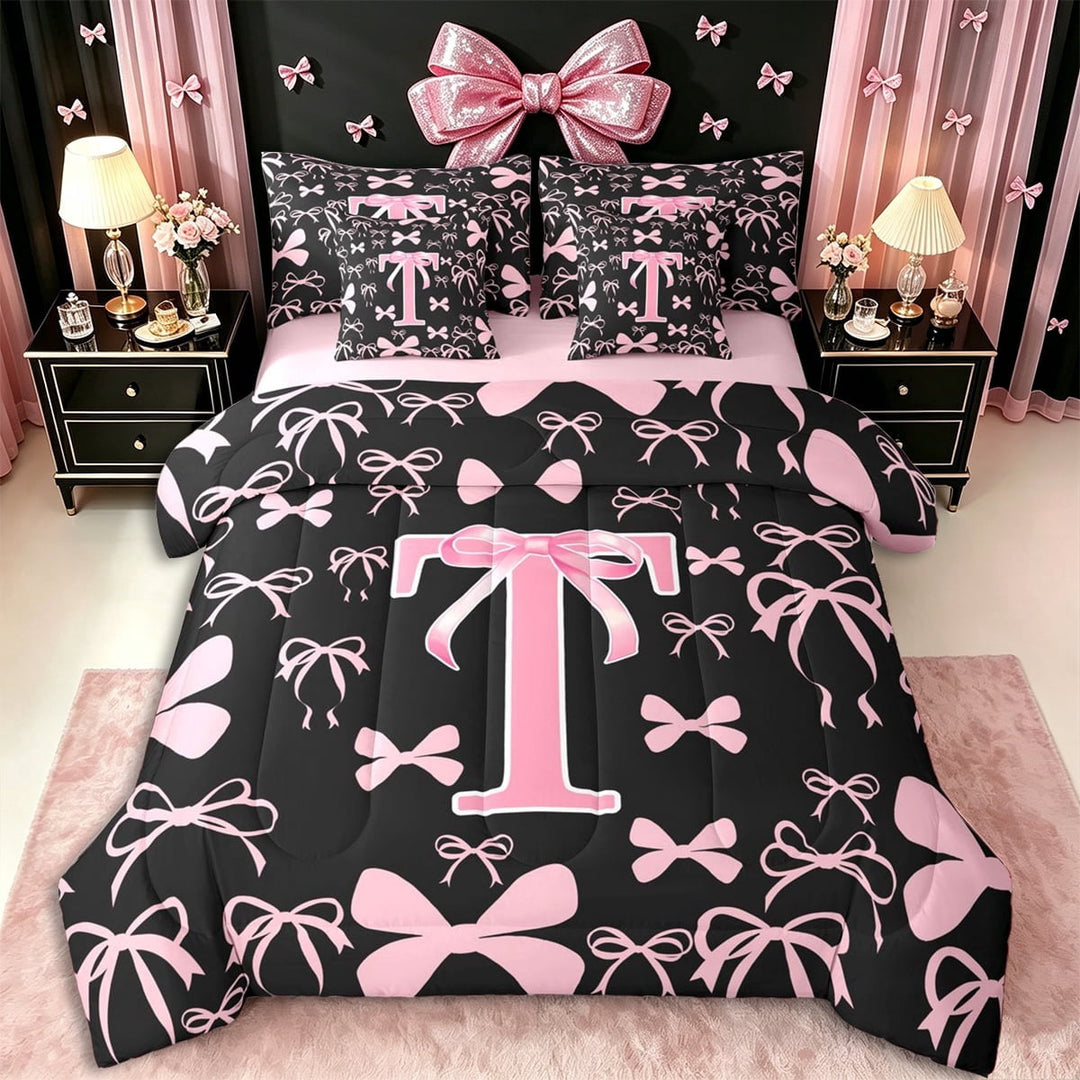 Erosebridal Pink Personalized Initial T Twin Bedding Sets 7-Piece,Cartoon Dreamy Bow Knot Bedding Comforter Set,Pink Reversible,Lightweight Room Decor