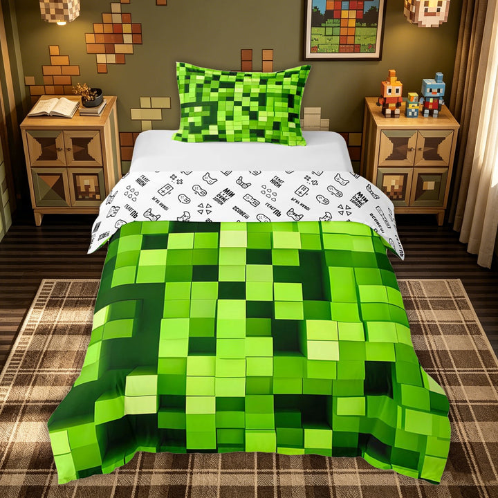 meiyoeat Bright Green Game Block Bedding for Kids Boys, Gaming Pixel Duvet Cover Full for Dorm, Gamepad Reversible, 3 Pieces