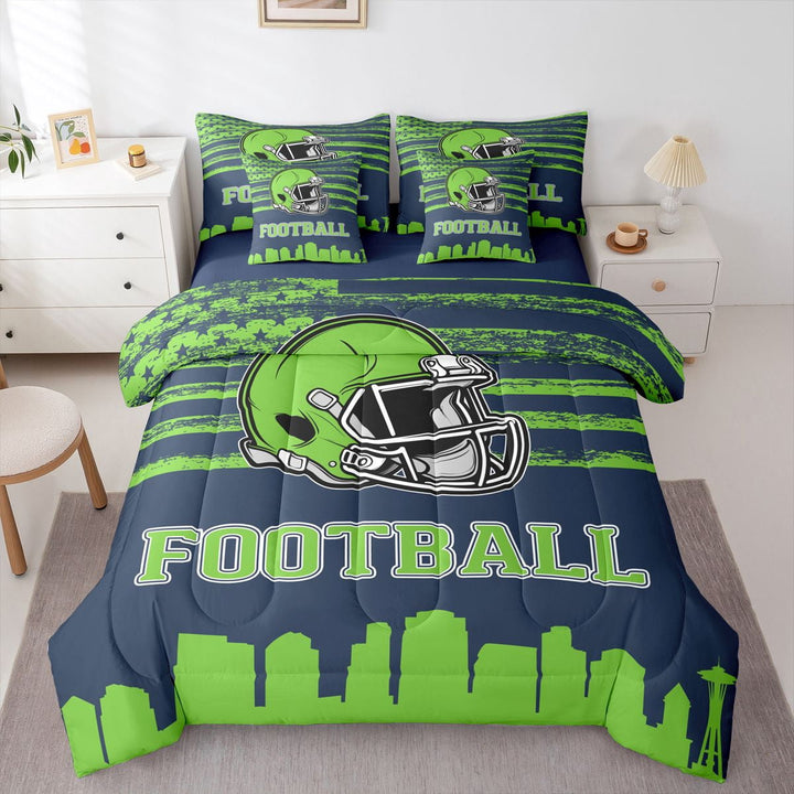 Erosebridal Seattle Bedding Sets Twin Size,Football City Silhouette Comforter Sets with Sheets,Deep Blue Green Bed in a Bag Twin Size,Super Cozy Room Decor Reversible,7-Piece
