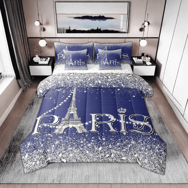 Paris Comforter Sets King for Women,Girly Glitter Eiffel Tower Bed in A Bag for Valentine&