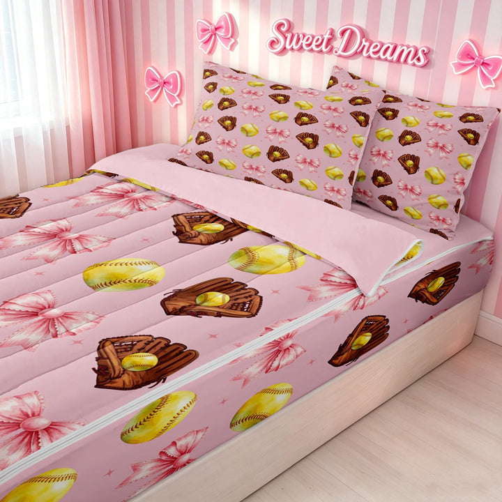 meiyoeat Pink Softball Glove Bow Zipper Full Size Comforter Sets with Fitted Sheet and 2 Pillowcases for Girls, Baseball Lover Zipper Bedding Set, Pink Reversible, 4pcs