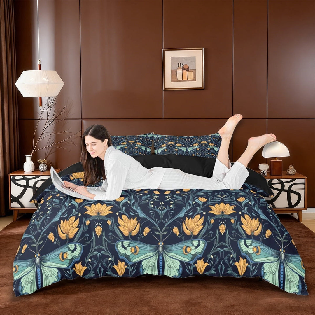 Erosebridal Gothic Moth Queen Duvet Cover Set,Orange Blossom Floral Bedding For Adult 3 Pieces,No Comforter,Reversible