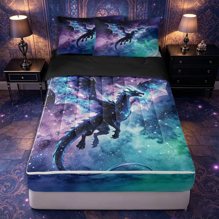 meiyoeat Animal Dragon Zipper Twin Comforter Sets with Fitted Sheet and 2 Pillowcases,Cosmic Galaxy Zipper Bedding Set,Purple Blue Teal,Reversible
