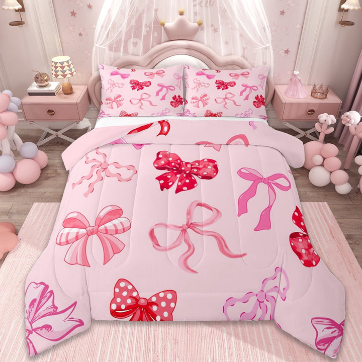 Erosebridal Cartoon Bowtie Bedding Sets Twin with Comforter,Ribbon Bow Knot Duvet Insert,Girls Pink Comforter Sets Twin Size,Super Cozy Room Decoration Reversible,2pcs