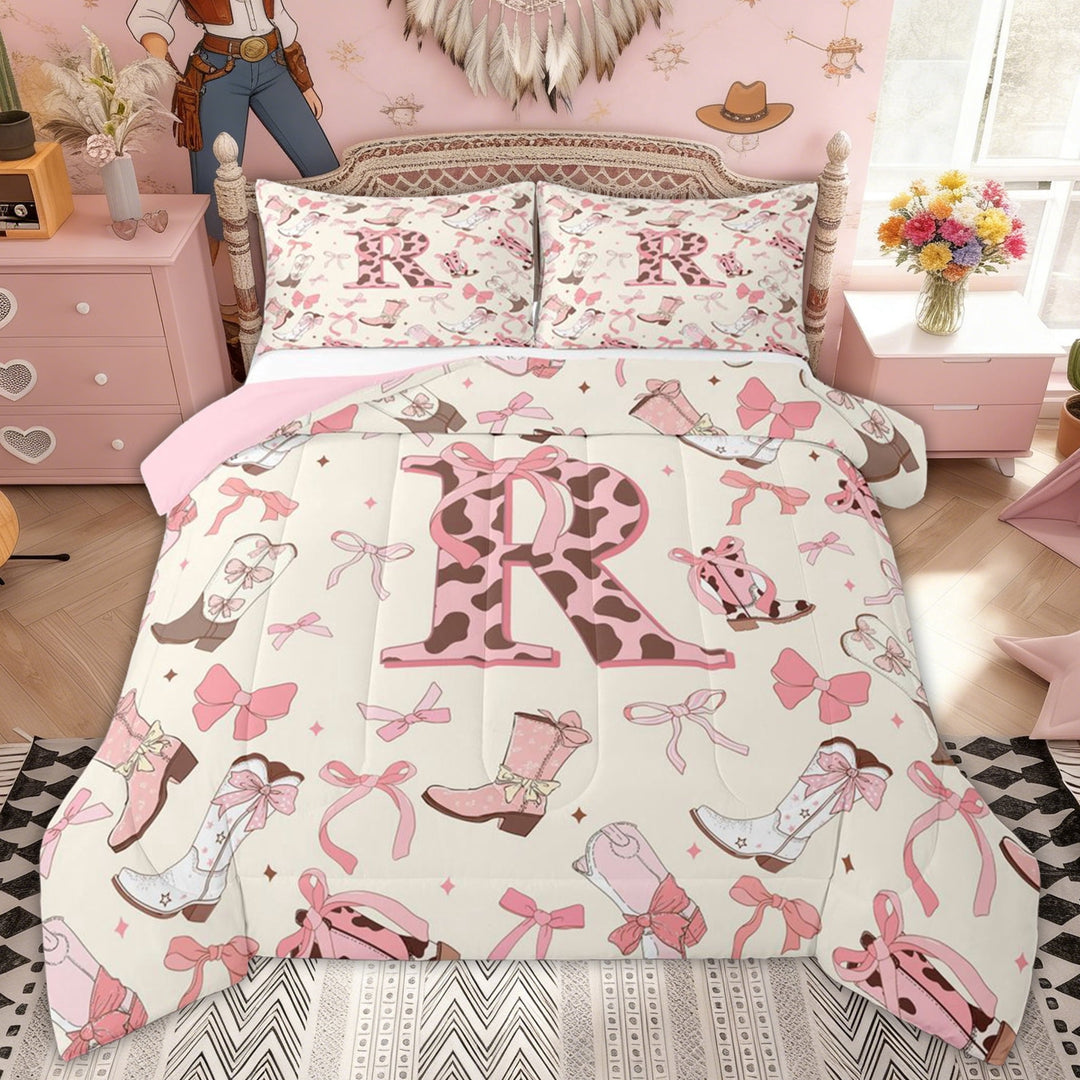 Erosebridal Princess Cowgirl Boot Full Size Comforter Sets, Western Cow Print R Letter Bedding Sets for Girls, Pink Reversible, 3pcs