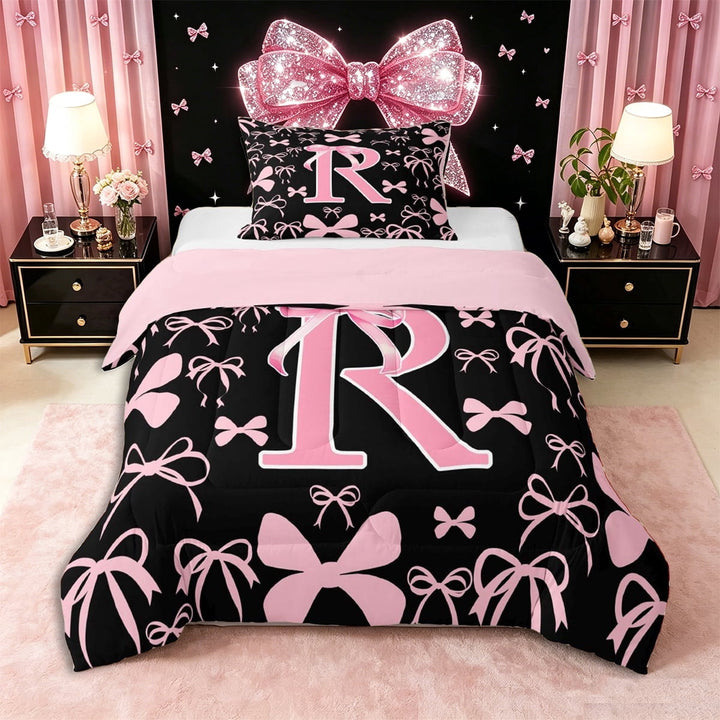 Erosebridal Ribbon Bow Knot R Personalized Initial Twin Comforter Sets 3-Piece,Black Pink Bow Tie Bedding Set,Pink Reversible,Microfiber Bedroom Decor