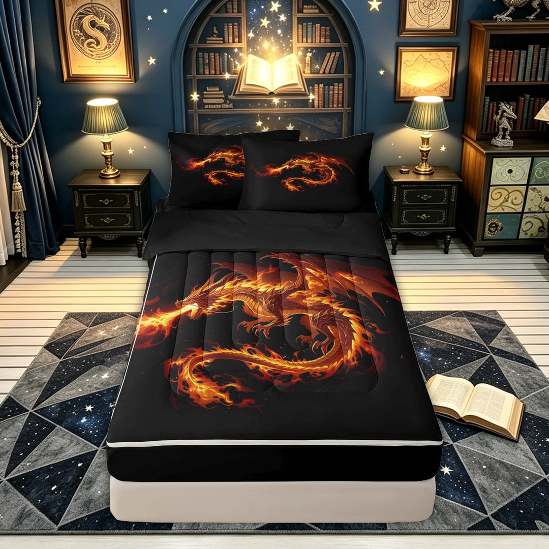 meiyoeat Golden Orange Fire Dragon Zipper Comforter Set with Fitted Sheet and 2 Pillowcases for Boys Men Kids, Magic Animal Zipper Bedding Set, Black Reversible, 3 Pieces