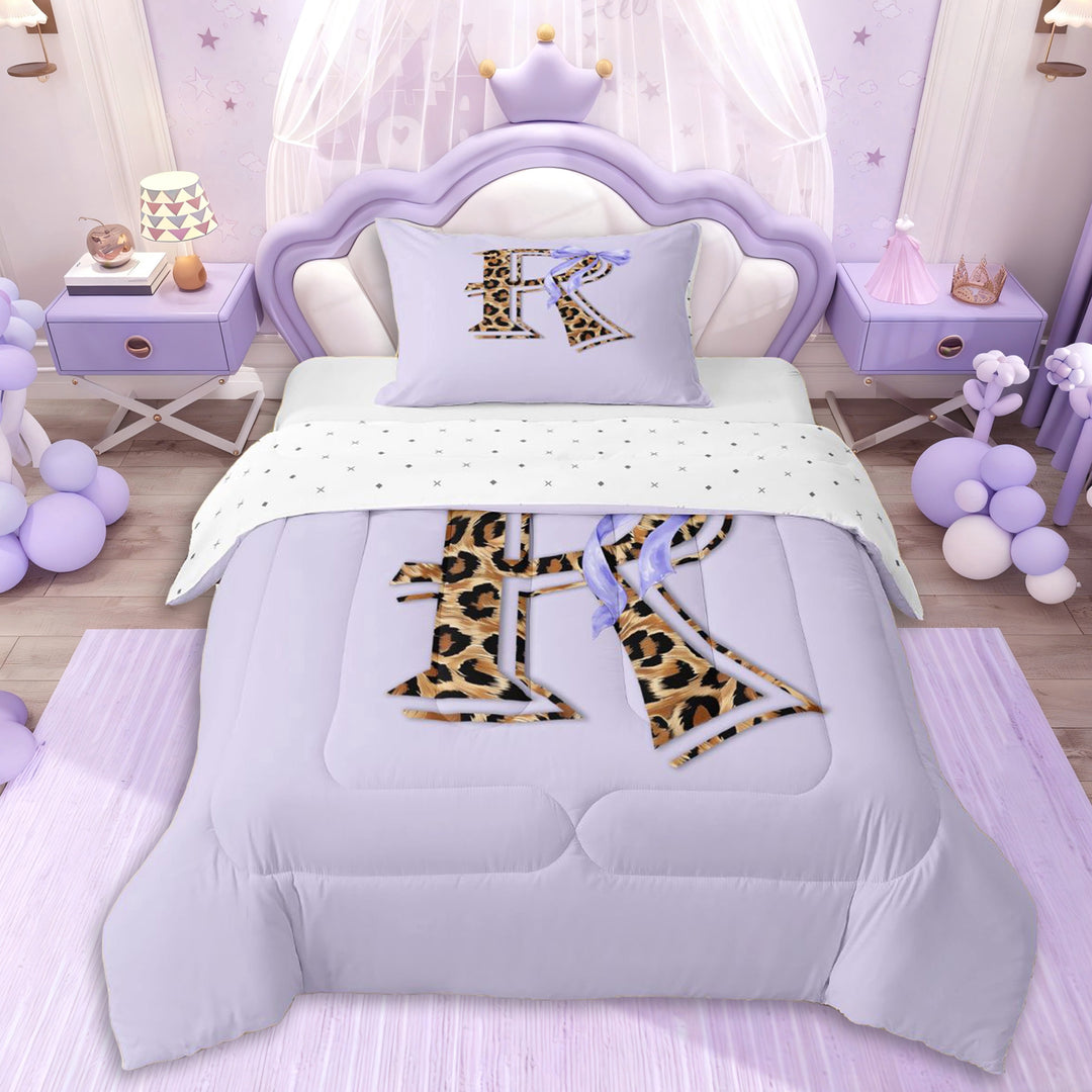 Erosebridal Girls Letter R Monogrammed Cartoon Bowknot Twin Comforter Sets 3-Piece,Purple Bow Vintage Leopard Print Bedding Set,Breathable Home Decor